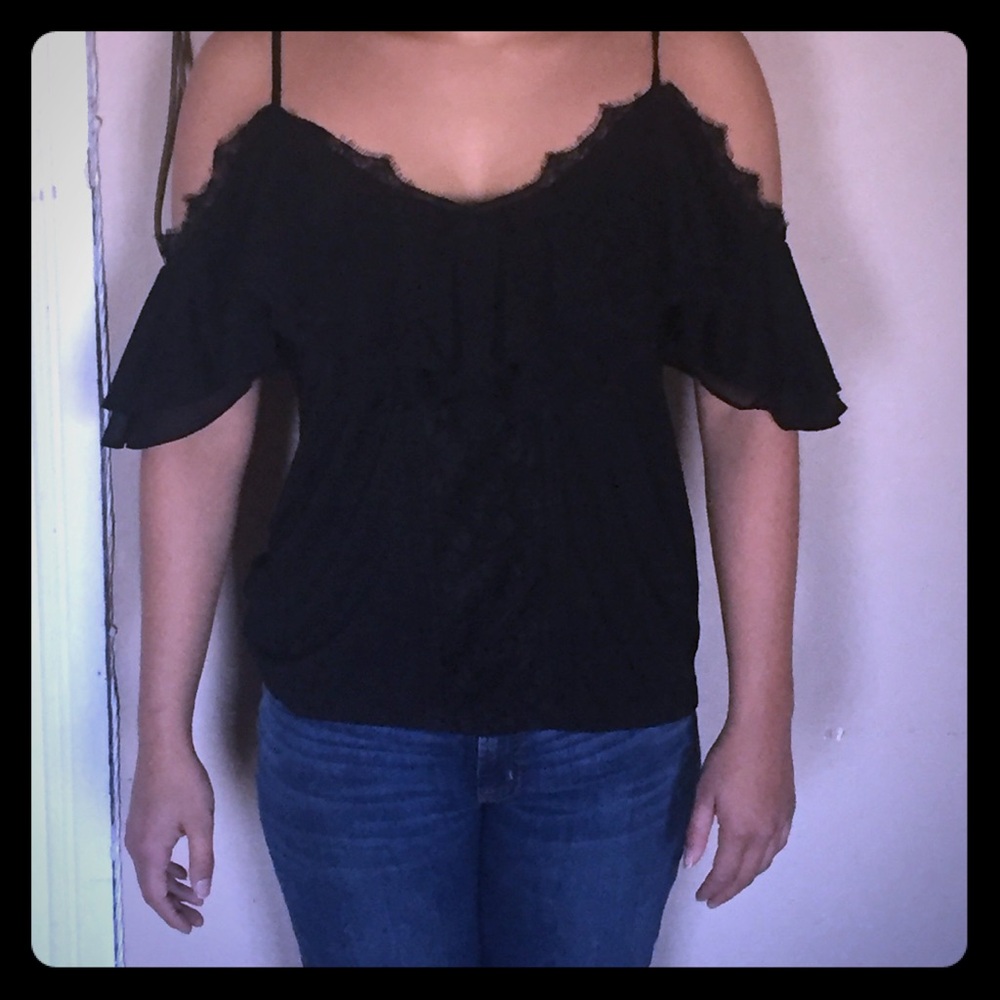 White House Black Market Black Cold-Shoulder Lace Trim Blouse